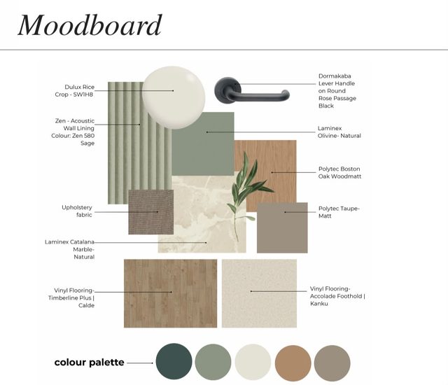 Clinic colour and material moodboard supplied for sourcing reference