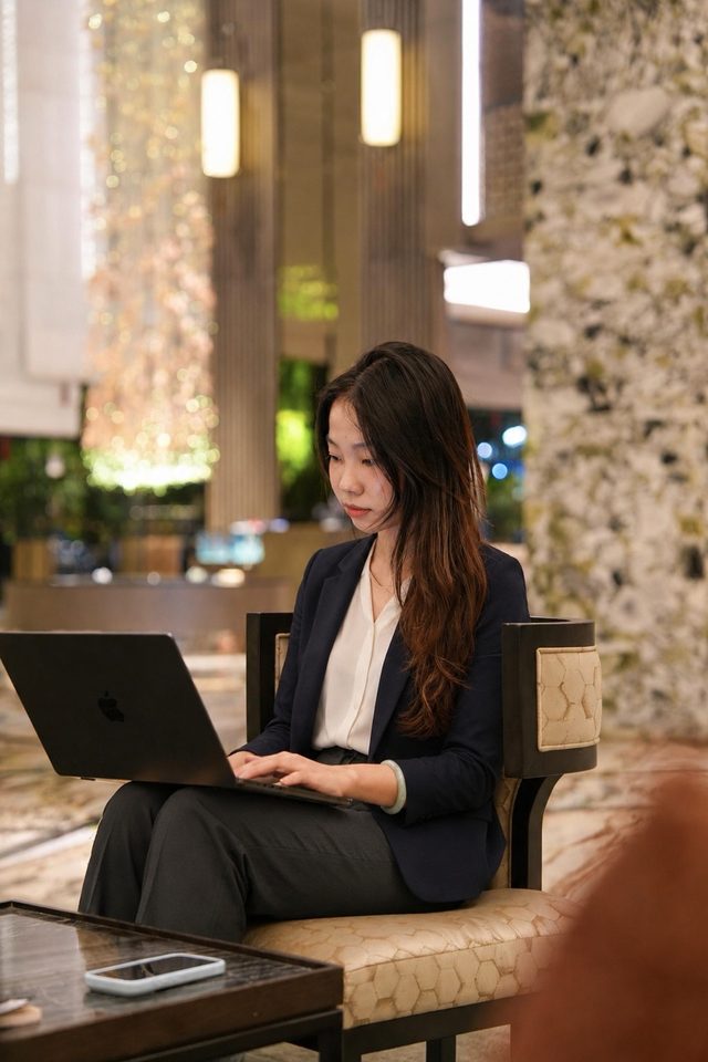 Shirley Chou in a navy blazer working on a laptop in a Guangzhou hotel lobby